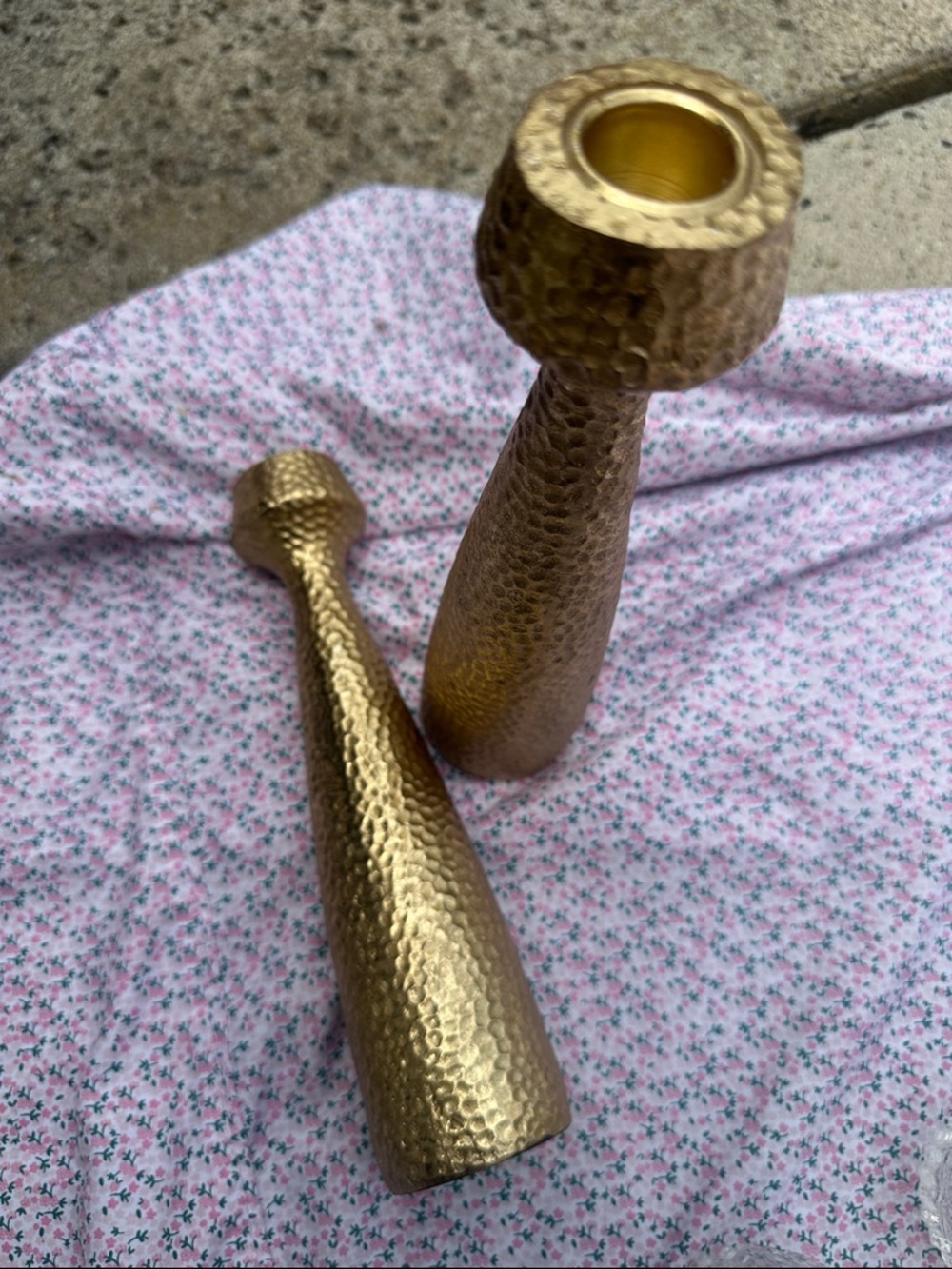 Brass Hammered Candlestick Pair - Gold Finish
